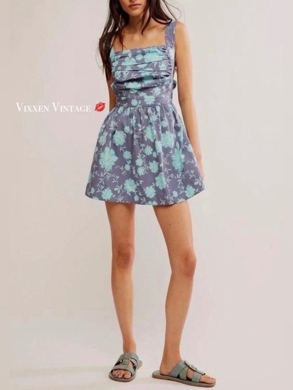 FREE PEOPLE SQUARE NECK ‘MEET ME IN MAUI MINI DRESS’ IN BLEU/BLEU OCEAN COMBO